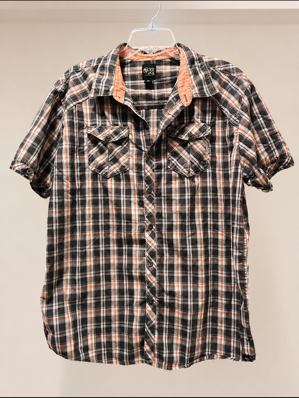 Black Jack Men's Black, Gray & Orange Plaid Short Sleeve Button-Down Shirt
